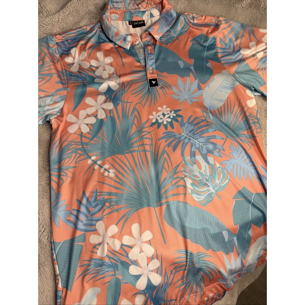 Bad Birdie Golf Polo Shirt Mens Medium Riviera Peach Blue Hawaiian Floral Summer